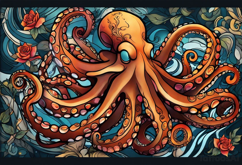 Octopus Arm Sleeve with fall colors
abstract gender-neutral Octopus Arm Sleeve tattoo with subtle facial features, a small rose, water swirls tattoo idea