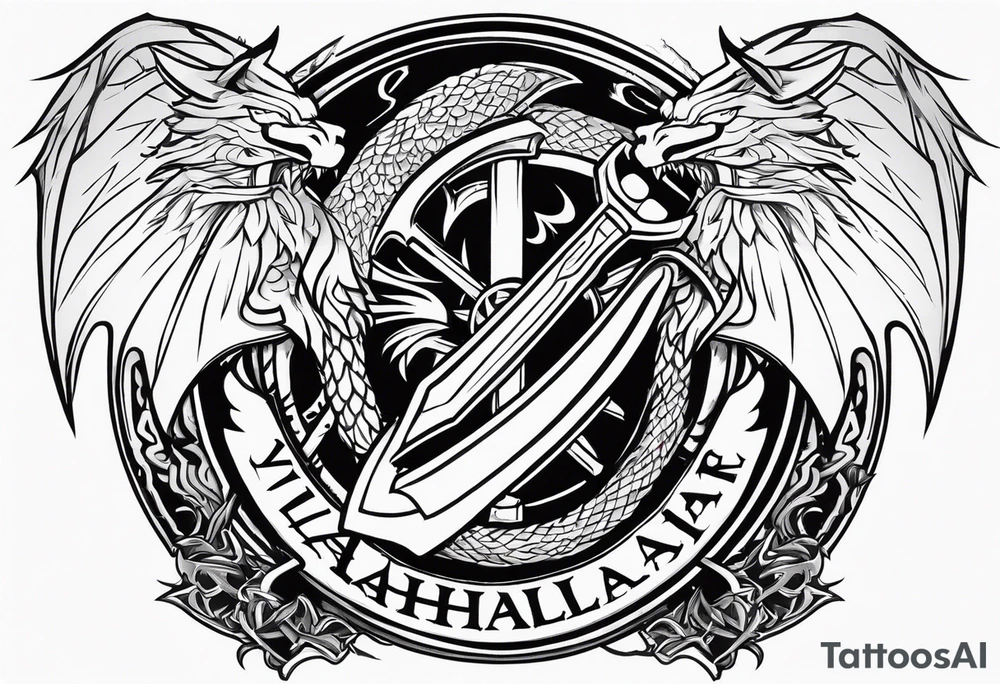Valhalla sword shield dragon axe valkyrie tattoo idea