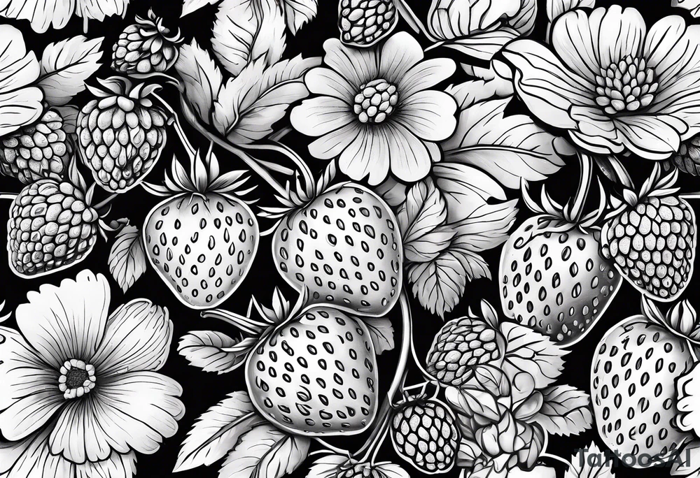 Strawberry, raspberries,  mixed with flowers, 3d tattoo, long leg piece, high detail tattoo idea