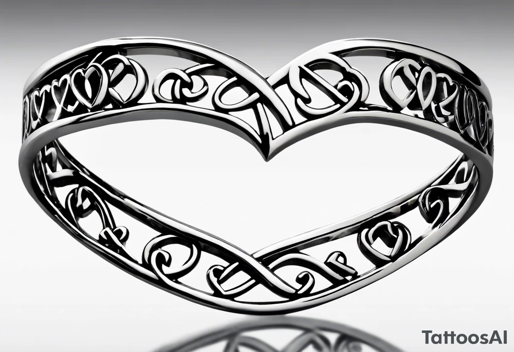 Interlocking hearts, each representing a family member, forming a continuous band around your arm.
Each heart contains the name of a family member and important dates.
The phrase "Amore e Forza" (Love and Strength) elegantly written within or around the hearts.
Additional symbols like infinity signs or Celtic knots to represent unbreakable bonds. tattoo idea