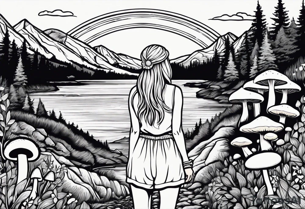 Whole picture within a circle Straight long blonde hair hippie girl in distance holding mushrooms in hand facing away toward mountains and creek surrounded by mushrooms tee shirt hiking pants hiking boots tattoo idea