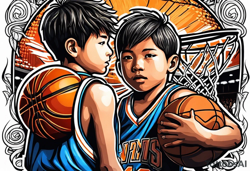 Two boys selling basketball and football cards tattoo idea