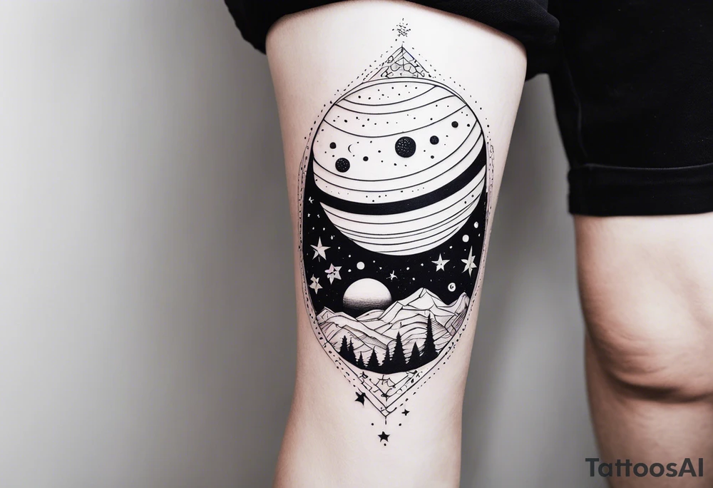 Galaxy with stars and planets in a minimalist style calf sleeve, with the quote, "Made for another world" tattoo idea