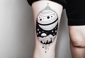 Galaxy with stars and planets in a minimalist style calf sleeve, with the quote, "Made for another world" tattoo idea