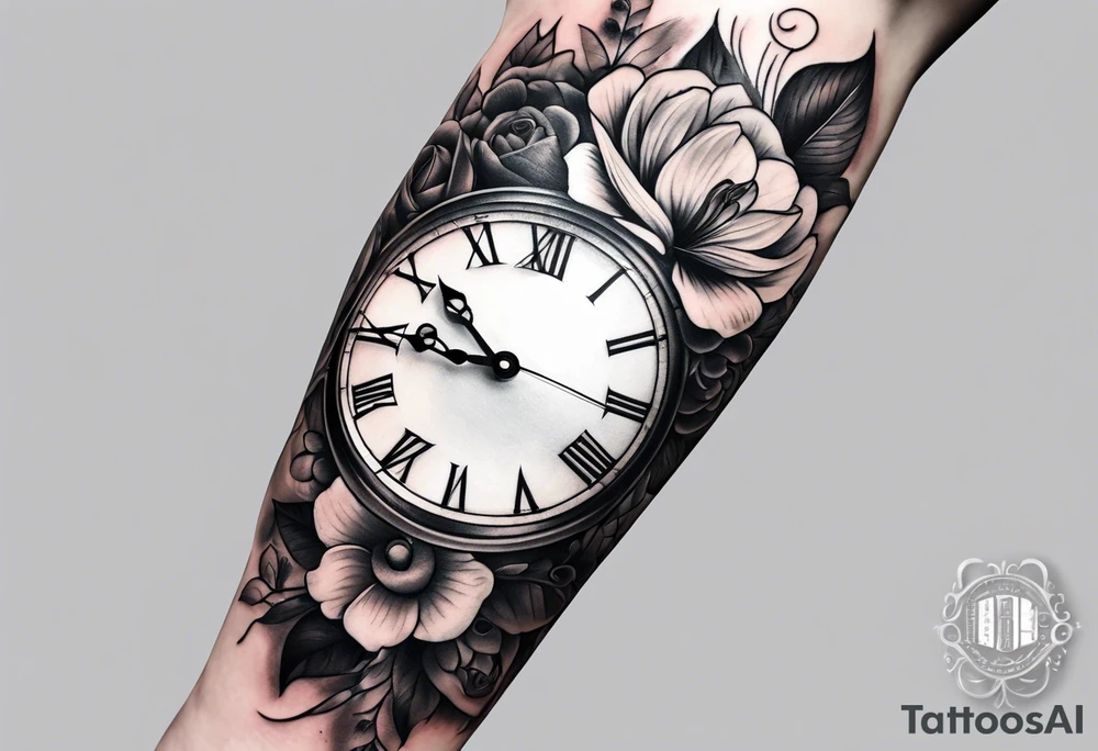 forearm sleeve, clock, flower tattoo idea