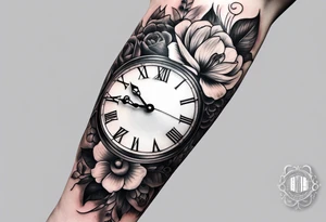 forearm sleeve, clock, flower tattoo idea