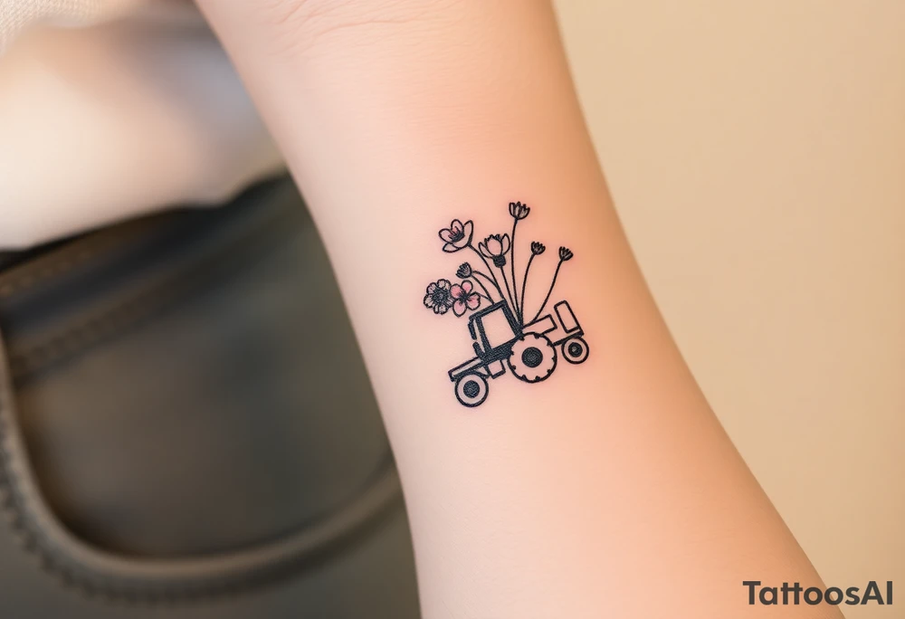 A bracelet that includes a very small tractor and bouquet flowers hippie style tattoo idea