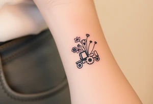 A bracelet that includes a very small tractor and bouquet flowers hippie style tattoo idea