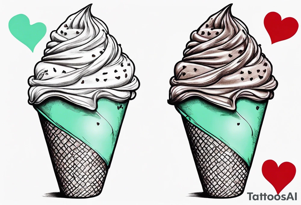 simple mint chocolate chip ice cream cone with small red heart on it somewhere. tattoo idea