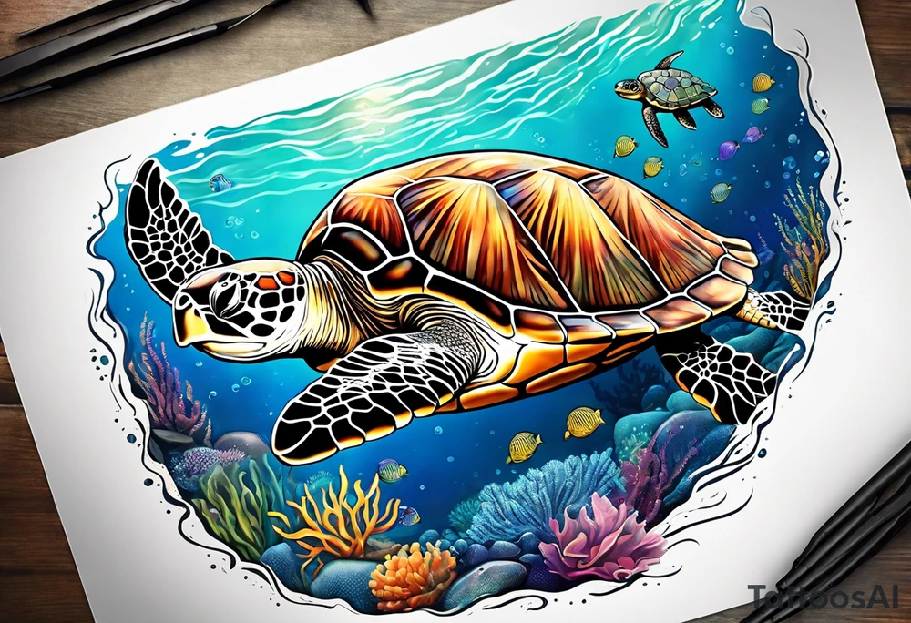 sea turtle swimming with head on the right side with star fish, corral, kelp and jelly fish tattoo idea