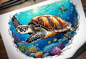 sea turtle swimming with head on the right side with star fish, corral, kelp and jelly fish tattoo idea