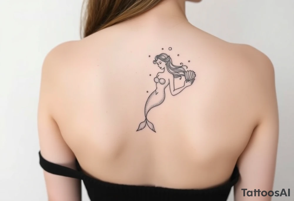 Mermaid tattoo full body soft face light grainy holding a shell in hand tattoo idea