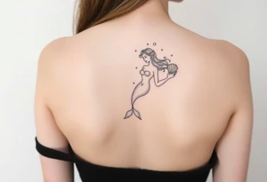 Mermaid tattoo full body soft face light grainy holding a shell in hand tattoo idea