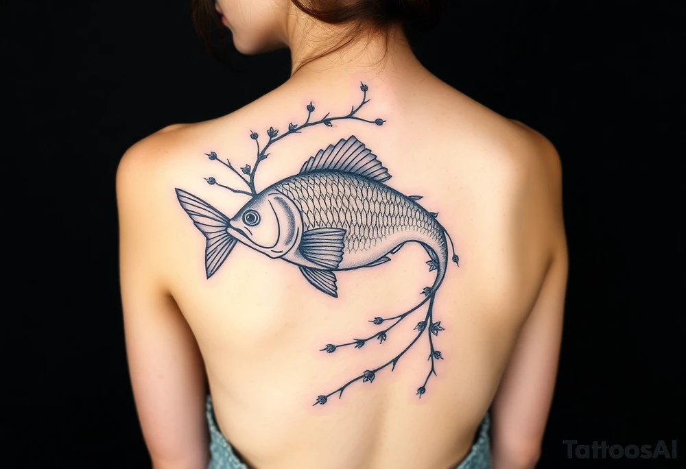 Fish intertwined with climbing vines and thorny vines tattoo idea
