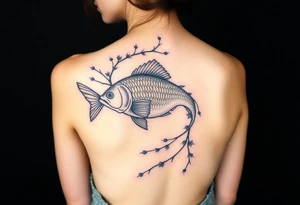 Fish intertwined with climbing vines and thorny vines tattoo idea