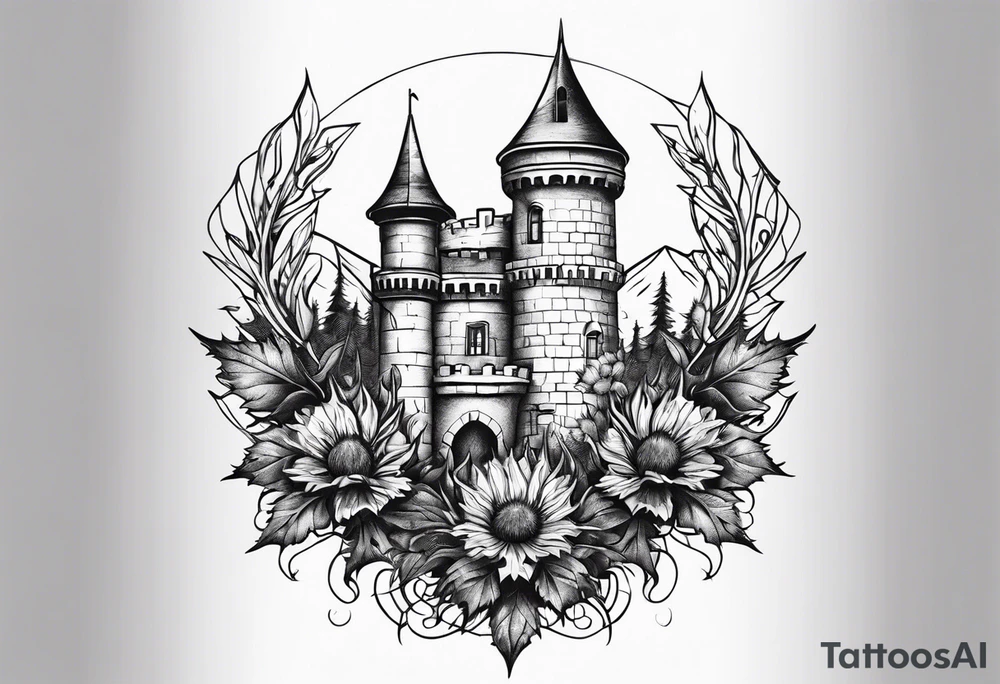 Thistles growing around a castle turret tattoo idea