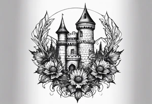 Thistles growing around a castle turret tattoo idea