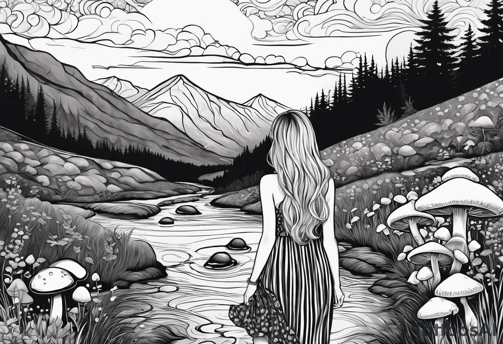 Straight long blonde hair girl in distance holding mushrooms in hand facing away toward mountains and creek surrounded by mushrooms black and white striped dress tattoo idea