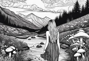 Straight long blonde hair girl in distance holding mushrooms in hand facing away toward mountains and creek surrounded by mushrooms black and white striped dress tattoo idea