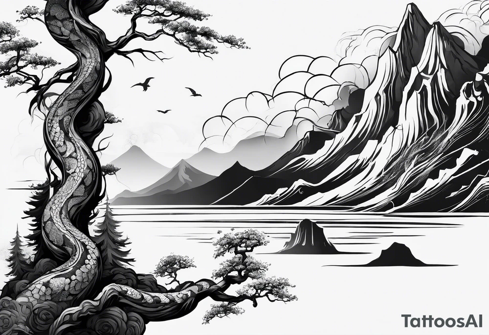 Full arm sleeve, tree going up to shoulder dead tree going down to wrist, wrapped in a serpent moving down with mountain, water elements tattoo idea