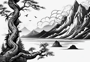 Full arm sleeve, tree going up to shoulder dead tree going down to wrist, wrapped in a serpent moving down with mountain, water elements tattoo idea
