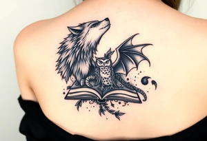 An open book with a werewolf, an owl & a dragon tattoo idea