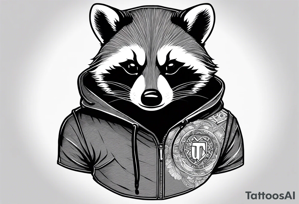 Raccoon wearing a white Superman logo on a black hoodie tattoo idea