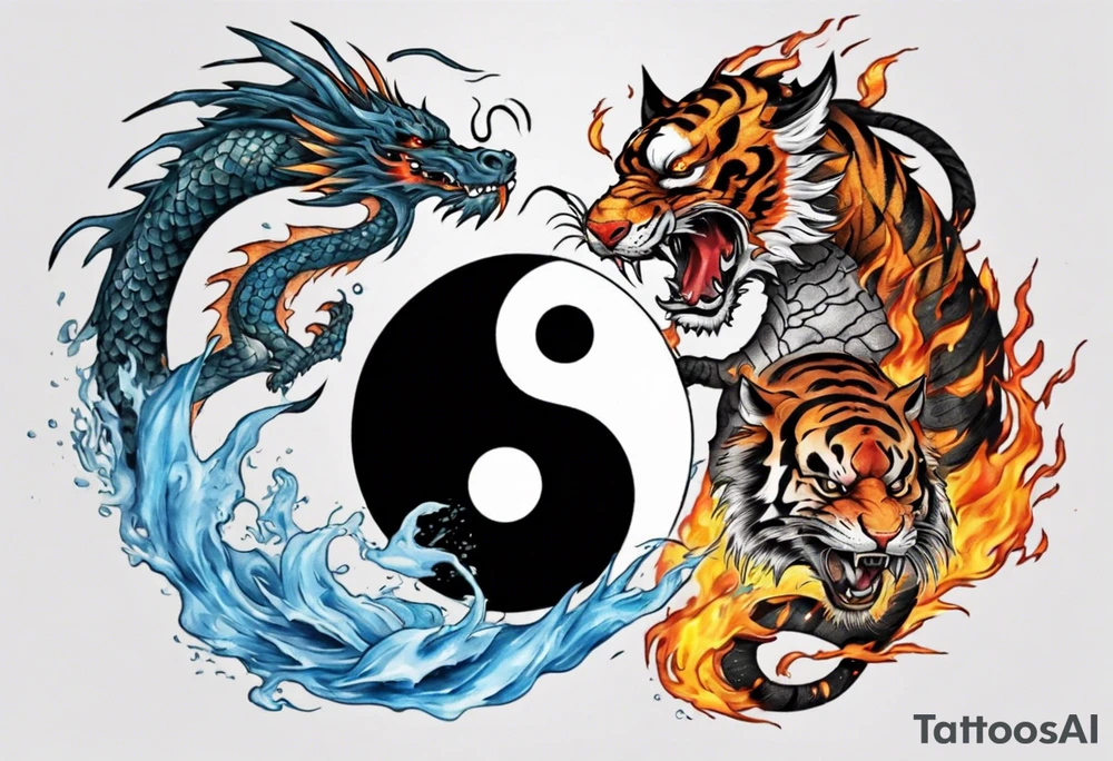 Ying Yang with dragon and tiger surrounding it and fire and water tattoo idea