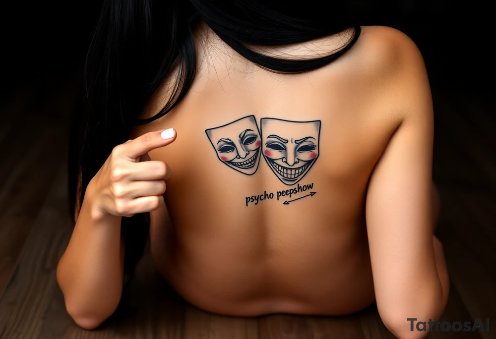 the canvas is a beautiful Colombian Latina female with long straight black  hair , natural tanned skin tone , is on hands and knees with her ass up in doggy style position  pointing asss at camera , fully nude , she is smooth skin vagina ,  she has theater masks  tattoo ,one mask  with sinister grin on one but cheek and one happy one on the other  with "psycho peepshow " in chicana script tattoo idea