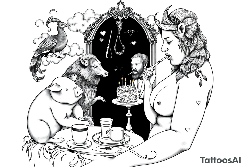 naked fat lady having a tea party with a pig, peacock, noose, lion, goat, smoking cigerettes looking in the mirror having sex with a man eating a cake thru storm clouds with knife and broken hearts and darkness tattoo idea