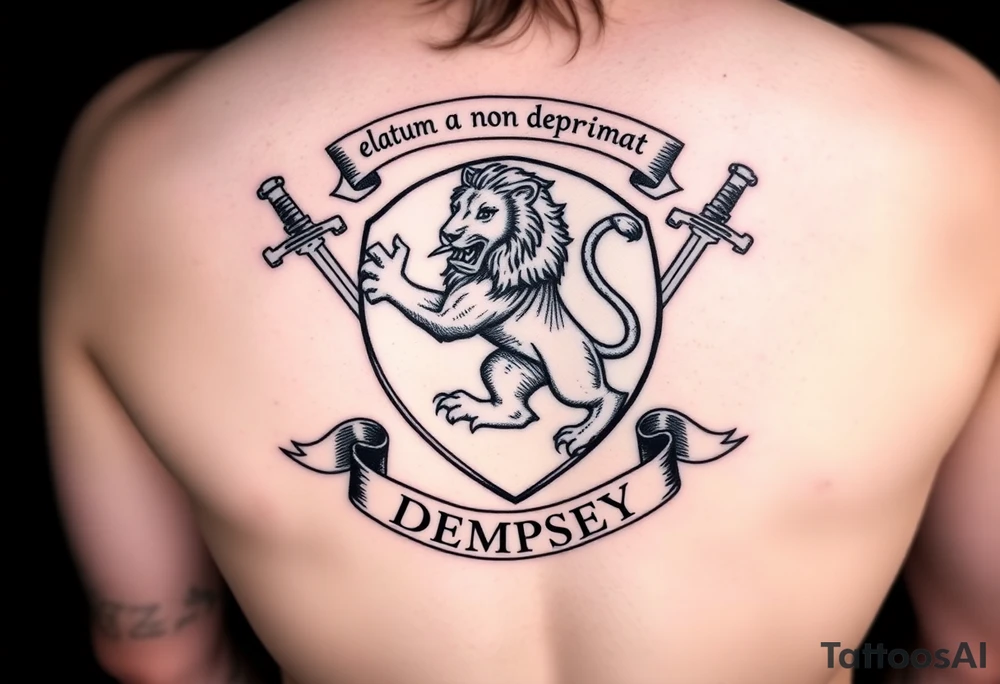 A rampant lion in between two swords surrounded by a shield. Above it are the words "elatum a deo non deprimat" inside on an outstretched scroll. And at the bottom it will say "DEMPSEY" inside of an outstretched scroll tattoo idea