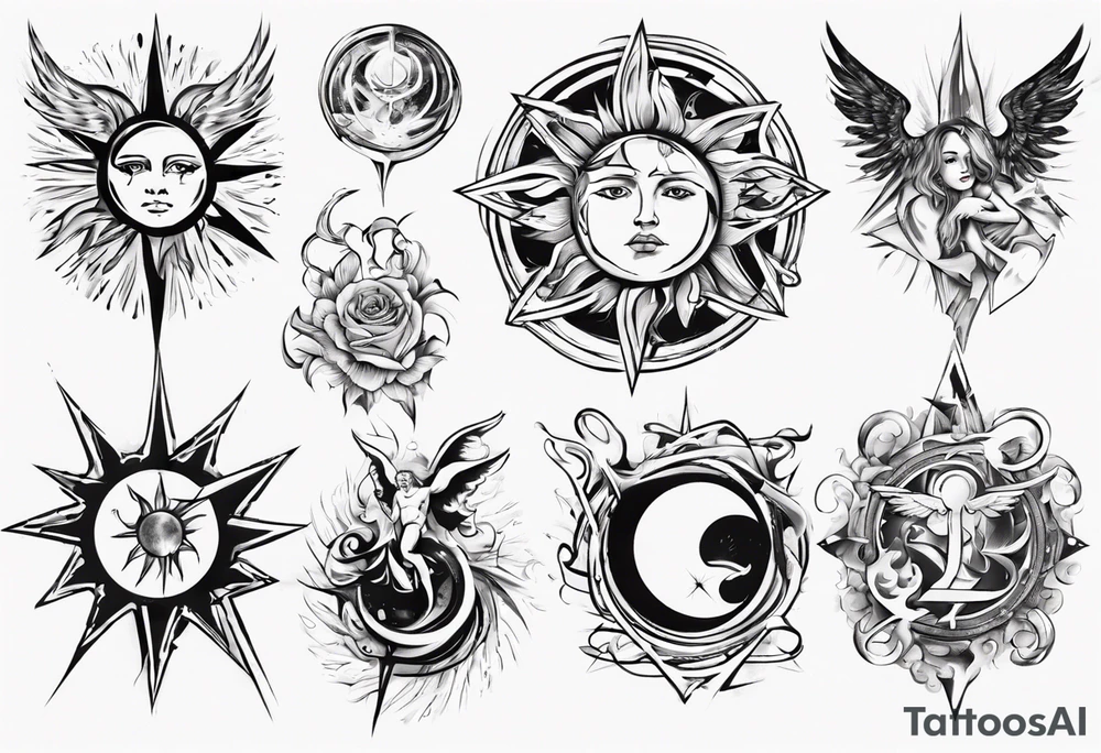 abstraction with sun and letters and angels tattoo idea
