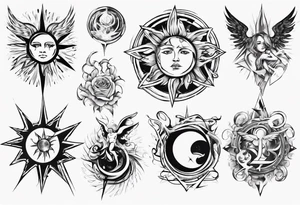abstraction with sun and letters and angels tattoo idea