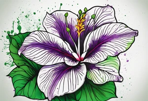 A mystical outline of a dipladenia flower and a green/purple watercolor splatter in the background to make the flower mainly green with purple highlights tattoo idea