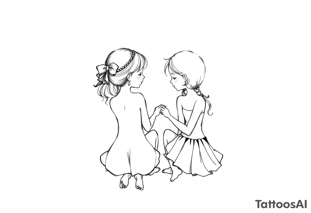 Zwei kleine mädchen sitzen sich gegenüber eine hat einen Dutt die andere einen Zopf und sie berühren sich an den Fußsohlen tattoo idea