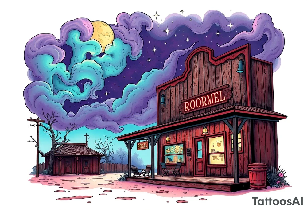 Tim Burton’s old western cowboy texas brothel r from outside view is the street abandoned and dripping with muted reds, dusty pinks, and eerie green glow purple and cyan smokey clouds swirl and dance in the moonlit night sky filled with twinkling stars  tattoo idea tattoo idea