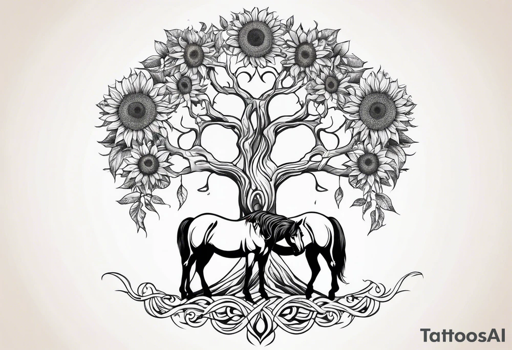 Yggdrasil tree, horse in front of it, and sunflowers tattoo idea