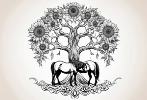 Yggdrasil tree, horse in front of it, and sunflowers tattoo idea
