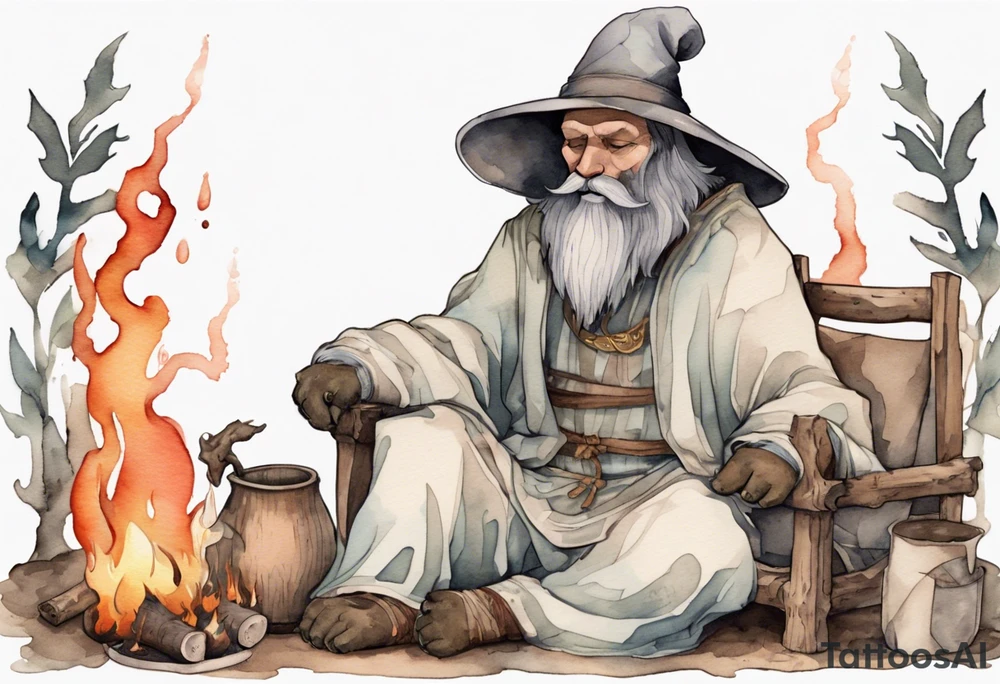a medieval bear-human hybrid with a long grey beard wearing a tunic and a floppy hat sitting by a fire drinking from a wood cup tattoo idea