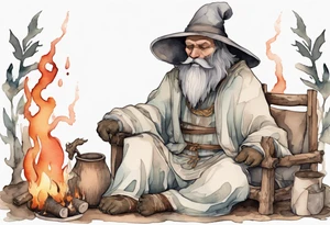 a medieval bear-human hybrid with a long grey beard wearing a tunic and a floppy hat sitting by a fire drinking from a wood cup tattoo idea