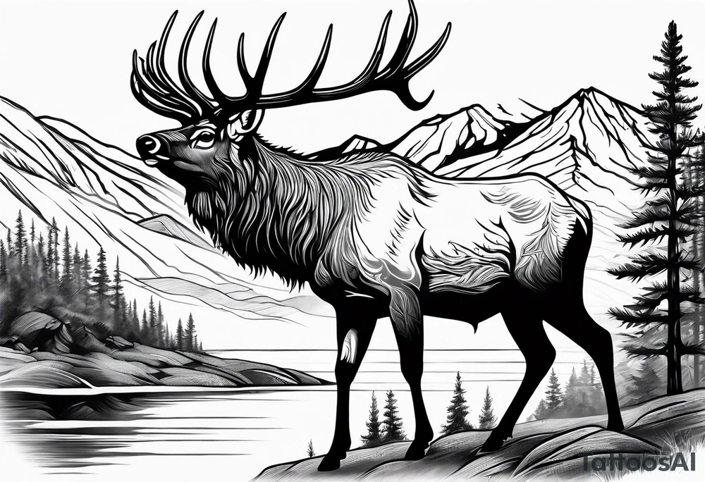 elk with mountains and lake tattoo idea
