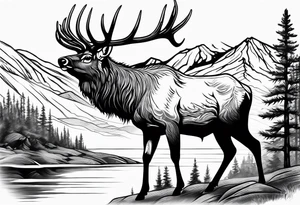elk with mountains and lake tattoo idea