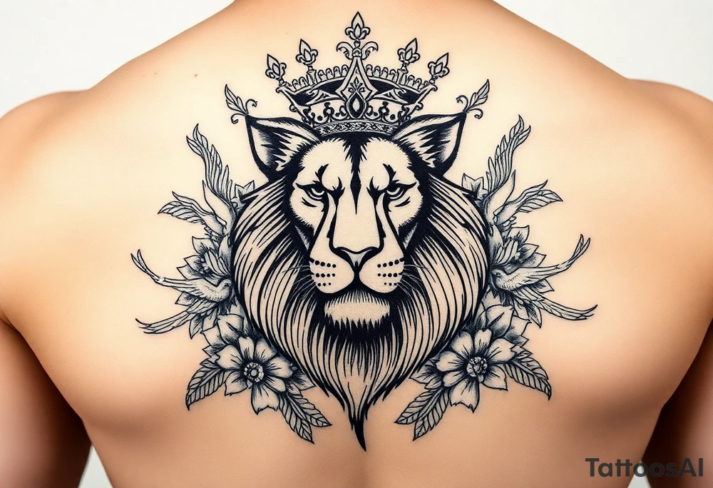 powerful majestic lion with a crown, surrounded by floral ornaments and birds tattoo idea