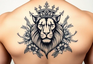 powerful majestic lion with a crown, surrounded by floral ornaments and birds tattoo idea