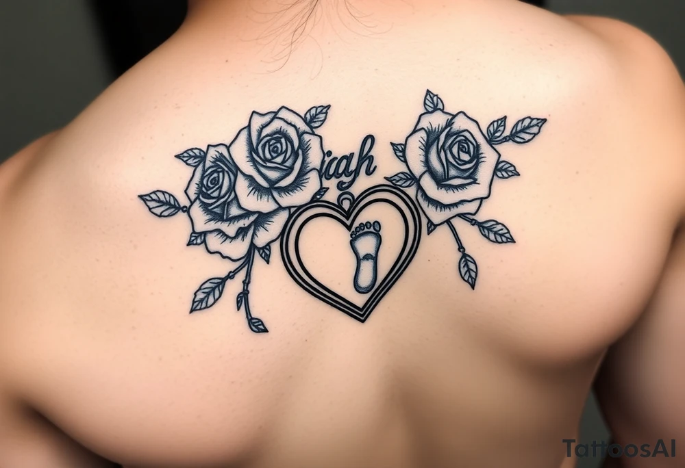 The name Jaylah With Roses and Foot Print and Pocket watch shaped like a Heart tattoo idea