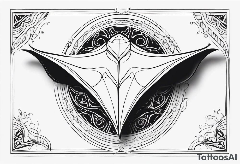 Tattoo sketch of manta ray in contour, without shadows and background, made of sacred ornament, minimalistic design, without thick lines and dark spots, while maintaining the shape of Manta Ray tattoo idea