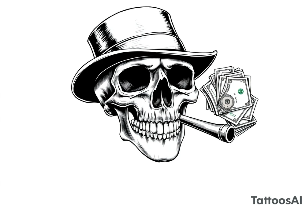 skull with mustache,a big cigar in his mouth,a top-hat on his head and alot of money in a hand. tattoo idea