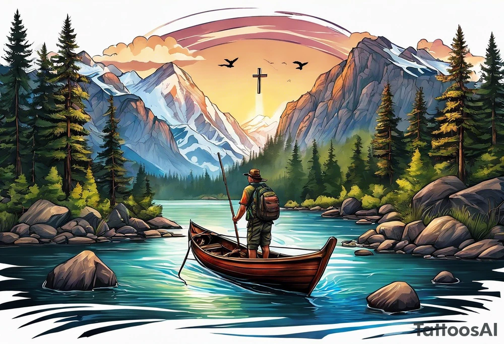 Backpacking fishing Wildlife theme and background with a Christian cross tattoo idea