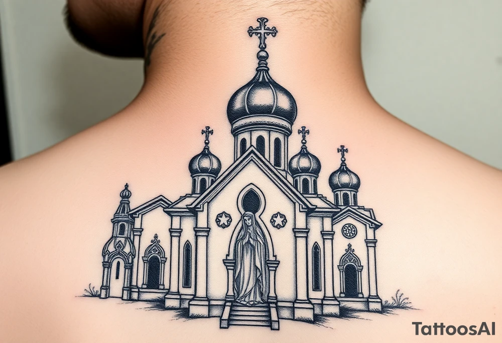 Russian orthodox church with bulb domes with a prominent russian orthodox style virgin mary stood outside to the left russian themed tattoo idea