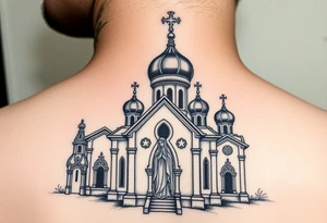 Russian orthodox church with bulb domes with a prominent russian orthodox style virgin mary stood outside to the left russian themed tattoo idea